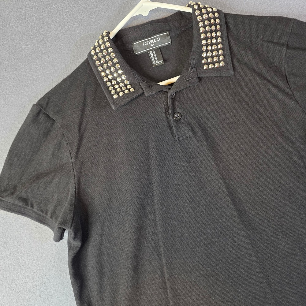 Forever 21 Polo Shirt Mens M Black SilverStudded Collar Punk Gothic Preppy Biker